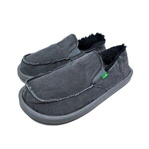 Sanuk Vagabond Chill Mens 10 Slip On Shearling Lined Gray Black Canvas Shoes